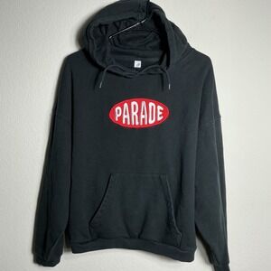 Parade Hoodie Mens Medium Black Embroidered Logo Red Patch Streetwear Pullover